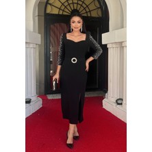 Atlas Kumaş Kolları Taş Detaylı Kalem Elbise - Siyah