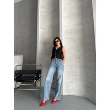 Palazzo Straight Kar Yıkama Jeans Pantolon Mavi D2008