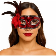 Kırmızı Renk Yandan Tüylü Güllü Gümüş Taşlı Pullu Maske 20X22 cm