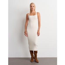 90253 Halter Yaka Fitilli Triko Elbise-Ekru