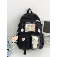 Peluş Ayılı Şeffaf Cepli Sırt Çantası | Lila, Pembe, Siyah, Yeşil, Krem