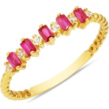 Kırmızı Bagetli Altın Yüzük 14 Ayar