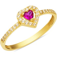 Kırmızı Kalpli 14 Ayar Altın Yüzük