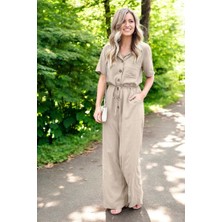 Kısa Kollu Bağcıklı Kadın Keten Tulum