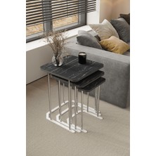 3' Lü Kare Zigon Sehpa Gümüş Ayak Siyah Mermer Desen 18 mm Mdf