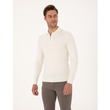 Pierre Cardin Erkek Ekru Regular Fit Polo Yaka Fermuarlı Triko Kazak 50315729-VR019