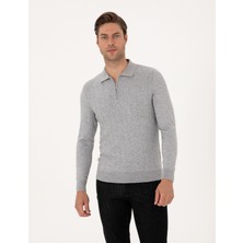 Pierre Cardin Erkek Açık Gri Melanj Regular Fit Polo Yaka Fermuarlı Triko Kazak 50315729-VR091