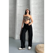 Palazzo Straight Enzim Süper Taş Yıkama Jeans Pantolon Siyah D2008