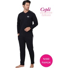 Erkek Siyah V Yaka %100 Pamuk Mevsimlik Uzun Kol Pijama Takımı-Siyah Cepli Eşofman Takımı