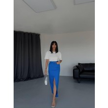 Infivento Gabardin Uzun Önden Yırtmaçlı Etek - Saks