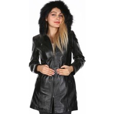 Hakiki Kuzu Derisi Siyah Kemerli Kürklü Kadın Ceket