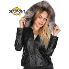 Hakiki Kuzu Derisi Siyah Kapşon Kürklü Kol Işlemeli Kadın Deri Mont