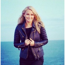 Hakiki Kuzu Derisi Siyah Kolları Fermuarlı Kadın Deri Mont