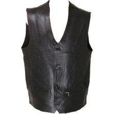 Hakiki Kuzu Derisi Siyah Önden Üç Düğmeli Deri Yelek