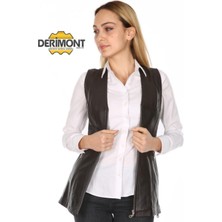 Hakiki Kuzu Derisi Siyah Uzun Neymar Kadın Deri Yelek