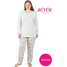 Bie's Kadın Gri Çiçek Desen Büyük Beden 3 Düğmeli Mevsimlik Uzun Kol Pijama Takımı