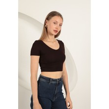 “kadın Kahverengi V Yaka Kısa Kollu T-Shirt