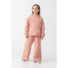 Kız Çocuk Pamuklu Pudra Kapüşonlu Sweatshirt ve Bol Paça Eşofman Takım