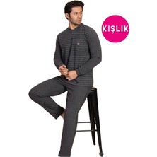 Guava Erkek 3 Düğme Uzun Kol Göğüs Cepli Selanik Kumaş Kışlık Kalın Cepli Pijama Takımı