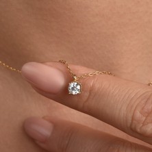 925 Ayar Gümüş Altın Kaplama 5mm Yuvarlak Minimal Tek Taş Kolye - CNS00659