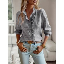 Ag Shoppings Kadın Uzun Kollu Fırfır Yakalı Önden Düğmeli Çizgili Burgu Gömlek