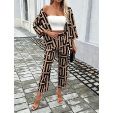 Arben Boutique Kadın Uzun Kollu Önü Açık Desenli Iki Iplik Ceket ve Pantolon Ikili Takım