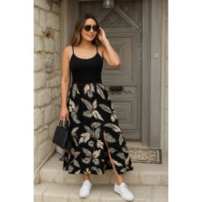 Arben Boutique Kadın Ip Askılı Yuvarlak Yaka Belden Dantelli Desenli Yırtmaçlı Üst Viskon Alt Süprem Midi Elbise