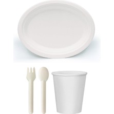 Ekolojik 96 Kişilik Parti Piknik Sofra Sunum Seti - 28X20 Cm. Oval Tabak Bardak Çatal Kaşık Takımı