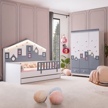 City Montessori Çocuk Odası Takımı - 3 Kapaklı Dolap, Yavrulu Yatak - Gri