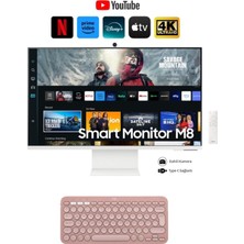 Samsung 32 İnç 4K Akıllı-Smart Monitör Tv M8 M80C Beyaz Slim Tasarım Premium Gövde + Logitech Kablosuz Klavye
