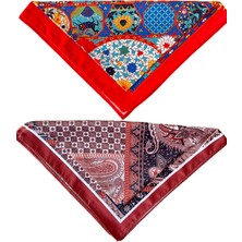 Zadenza Gold Aida Jewelss 2 Li Saten Bandana  Seti Saten Fular Saten Çanta Aksesuarı Özel Desen Bandana 45X50 cm