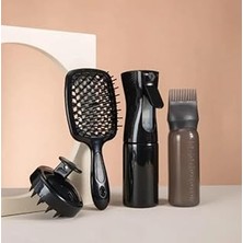 4'lü Saç Bakım Seti, Sprey Şişesi, Bakım Yağı Uygulama Şişesi, Masaj Tarağı ve Hollow Tarak, Siyah