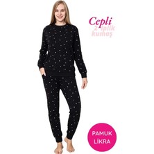 Bie's Kadın Siyah Beyaz Puantiye Bisiklet Yaka Bilek Manşet/Lastikli 2 İplik Cepli Kışlık Pijama Takımı Homewear
