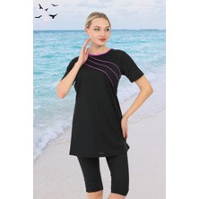 Biyeli Kısa Kollu Likralı Siyah Yarı Kapalı Tesettür Mayo Takım