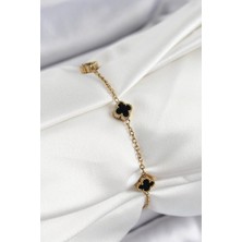 316L Çelik Siyah Sedef Yonca Model Gold Renk Kadın Bileklik