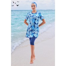 Lacivert Desenli Kısa Kollu Likralı Yarı Kapalı Kadın Tesettür Mayo Takım