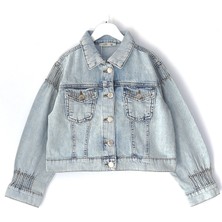 Taş Işlemeli Cep Detaylı Kız Çocuk Crop Top Kot Ceket Crop Kız Kot Mont 3-8 Yaş Buz Mavi 001-0002103