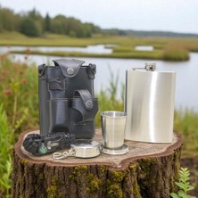 Deri Kılıflı Shot Bardaklı Gümüş Renkli Matara Vip