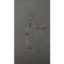 Kişiye Özel Baş Harfli Inci ve Pembe Kuvars Fiyonk Anahtarlık