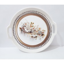 Çay Tepsi 32X32X4 cm Çiçek Desenli Yuvarlak Plastik Çay Kahve Tepsisi Servis Tepsi