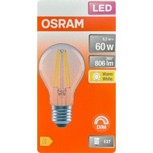 (1 adet) Osram 6,5W (60W) 2700K (Sarı Işık) Dim Edilebilir E27 Duylu (Kalın Duy) LED Şeffaf Ampul