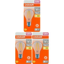 (3 adet) Osram 6,5W (60W) 2700K (Sarı Işık) Dim Edilebilir E27 Duylu (Kalın Duy) LED Şeffaf Ampul