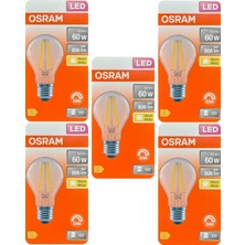 (5 adet) Osram 6,5W (60W) 2700K (Sarı Işık) Dim Edilebilir E27 Duylu (Kalın Duy) LED Şeffaf Ampul