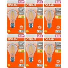 (6 adet) Osram 6,5W (60W) 2700K (Sarı Işık) Dim Edilebilir E27 Duylu (Kalın Duy) LED Şeffaf Ampul