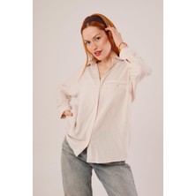 Cep Detay Çizgili Oversize Krem Gömlek