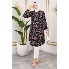Asel Çiçekli Viskon Tunik 0174-05 Siyah