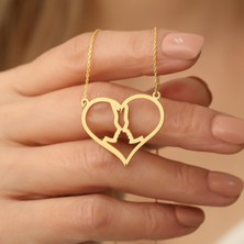 Nox Jewelry 925 Ayar Gümüş Altın Kaplama Çift Silüetli Kalp Kolye – Sevgiliye Özel Romantik Hediye - CN00102
