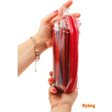 Bybag Kırmızı Fermuarlı Kaliteli Pvc Şeffaf Kalemlik Makyaj Çantası Kalem Kutusu
