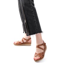 731-045 Taba Çapraz Hakiki Deri Dolgu Topuklu Günlük Kadın Sandalet