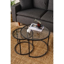 Dekopratik Tokyo İkili Yuvarlak Orta Sehpa Seti – Siyah Metal Ayaklı, Temperli Füme Cam, 60x60x45 cm ve 42x42x40 cm